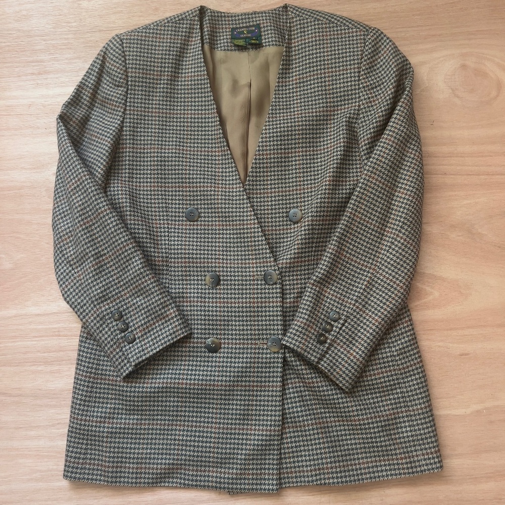 VTG Charter Club 100% wool jacket blazer size 8 houndstooth double breasted